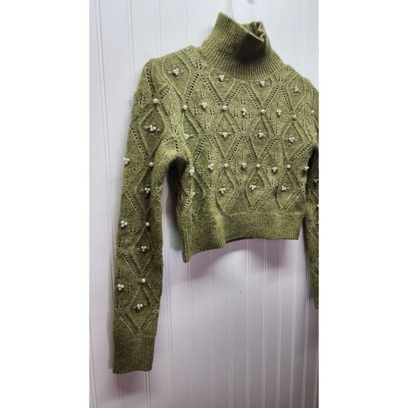 Zara Beaded Olive Green Cropped Turtleneck Sweater With Diamond Knit Design & Pe - Picture 3 of 10